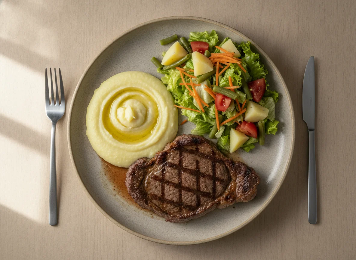 Bife grelhado com purê de batata e salada mista photo