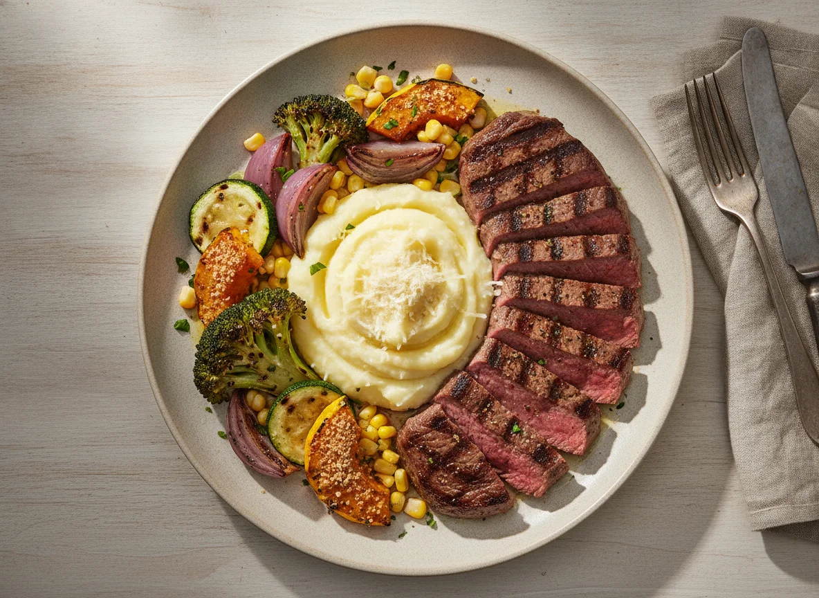 Bife grelhado com purê de batata e vegetais assados photo