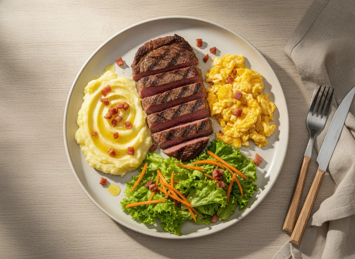 Bife grelhado com purê de batata, ovos mexidos e salada photo