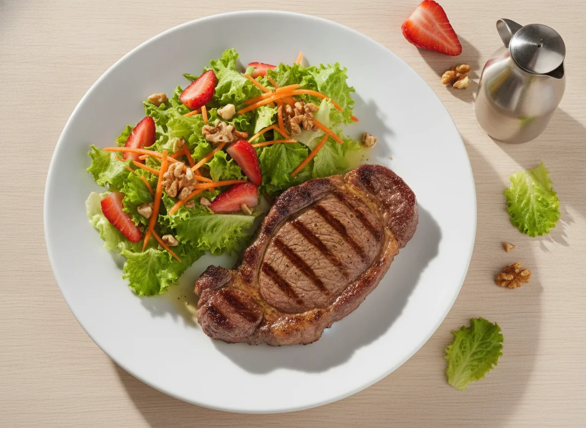 Bife grelhado com salada de alface, cenoura e morango photo