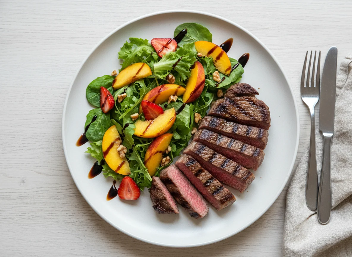 Bife grelhado com salada de alface, morango e pêssego photo