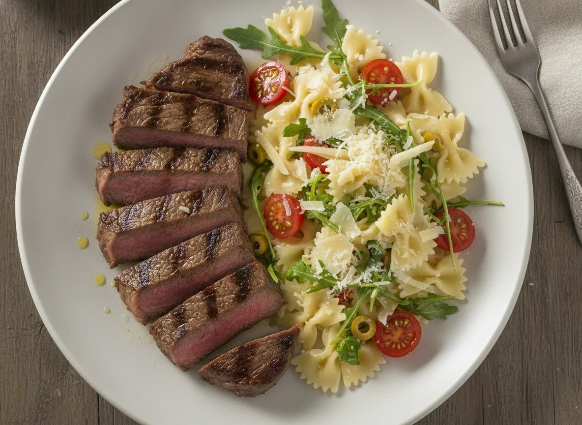 Bife grelhado com salada de macarrão gravatinha photo