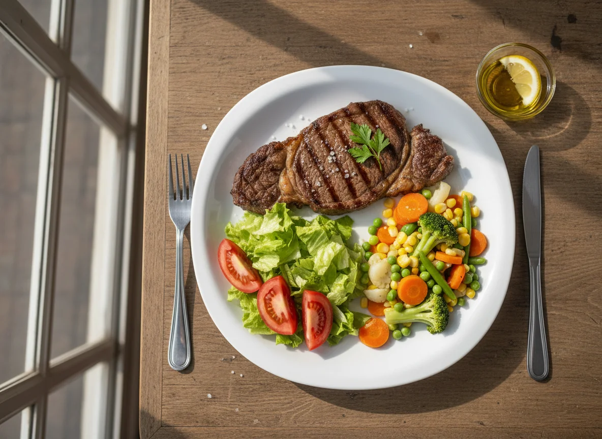 Bife grelhado com salada e legumes photo