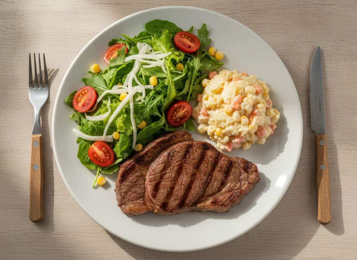 Bife grelhado com salada mista e maionese de batata photo