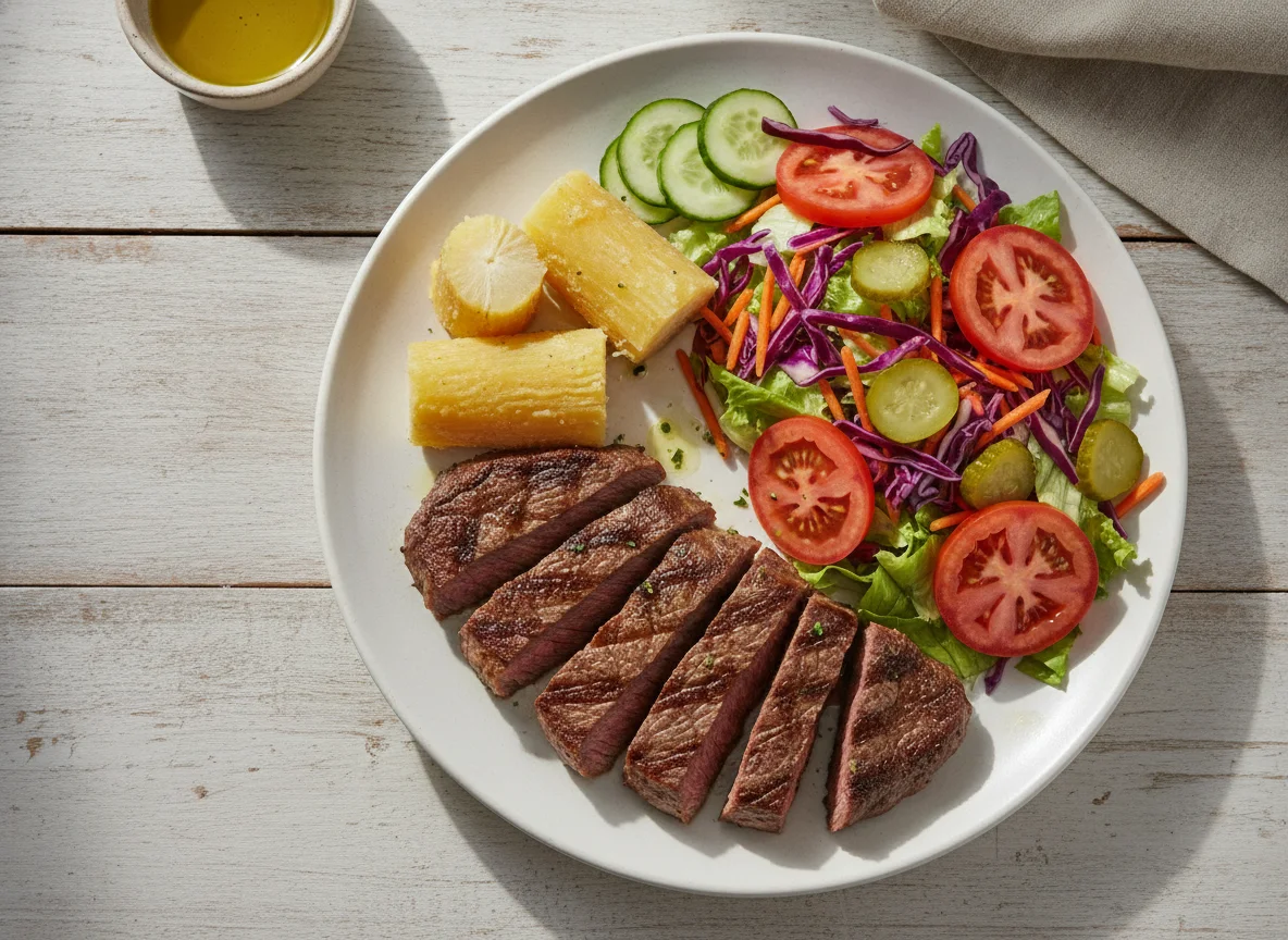 Bife grelhado com salada mista e mandioca photo