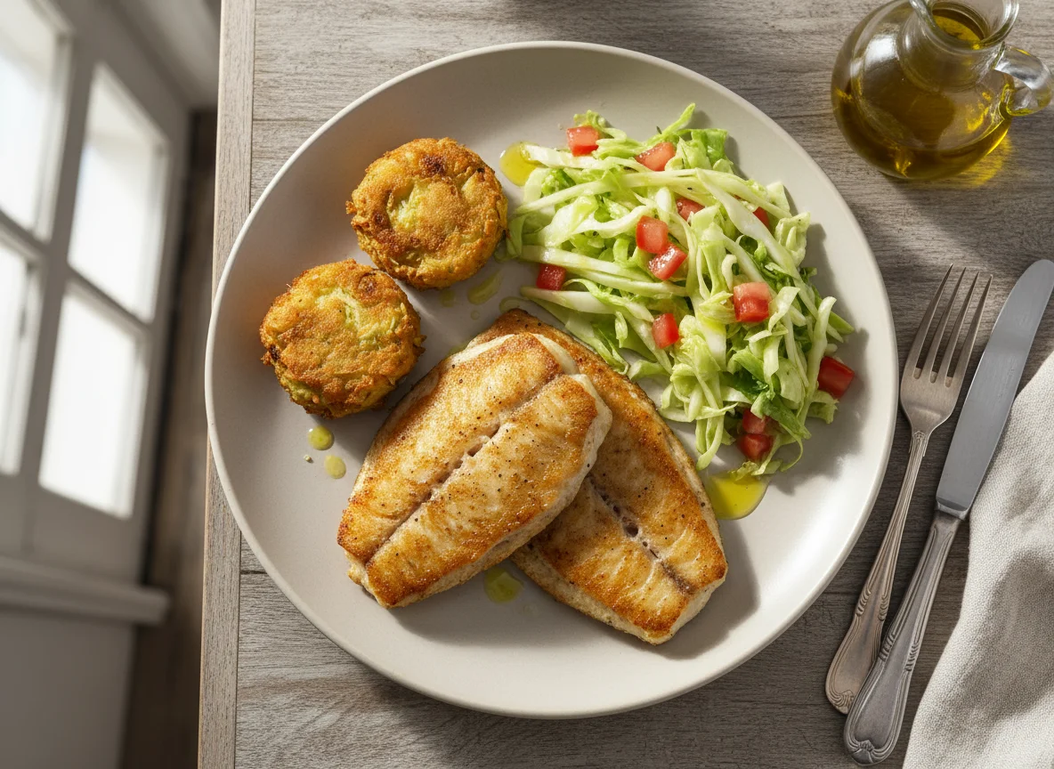 Bifes de peixe com bolinhos de repolho e salada photo