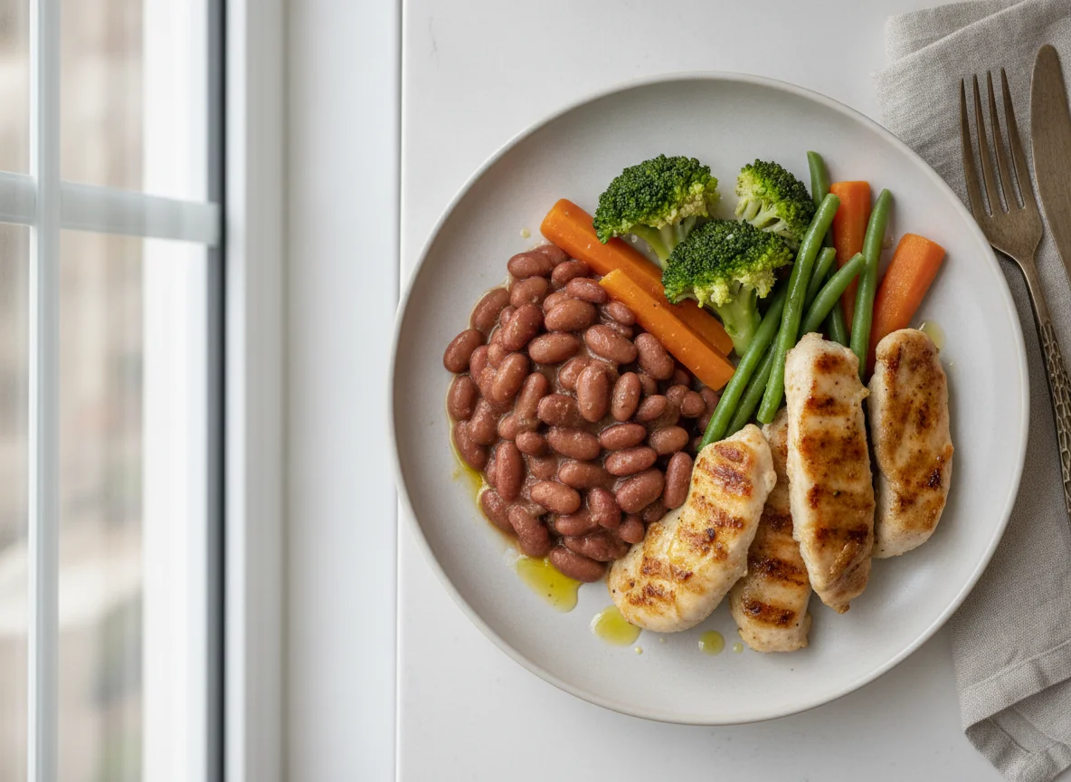 Bifinhos de frango com legumes e feijão encarnado photo
