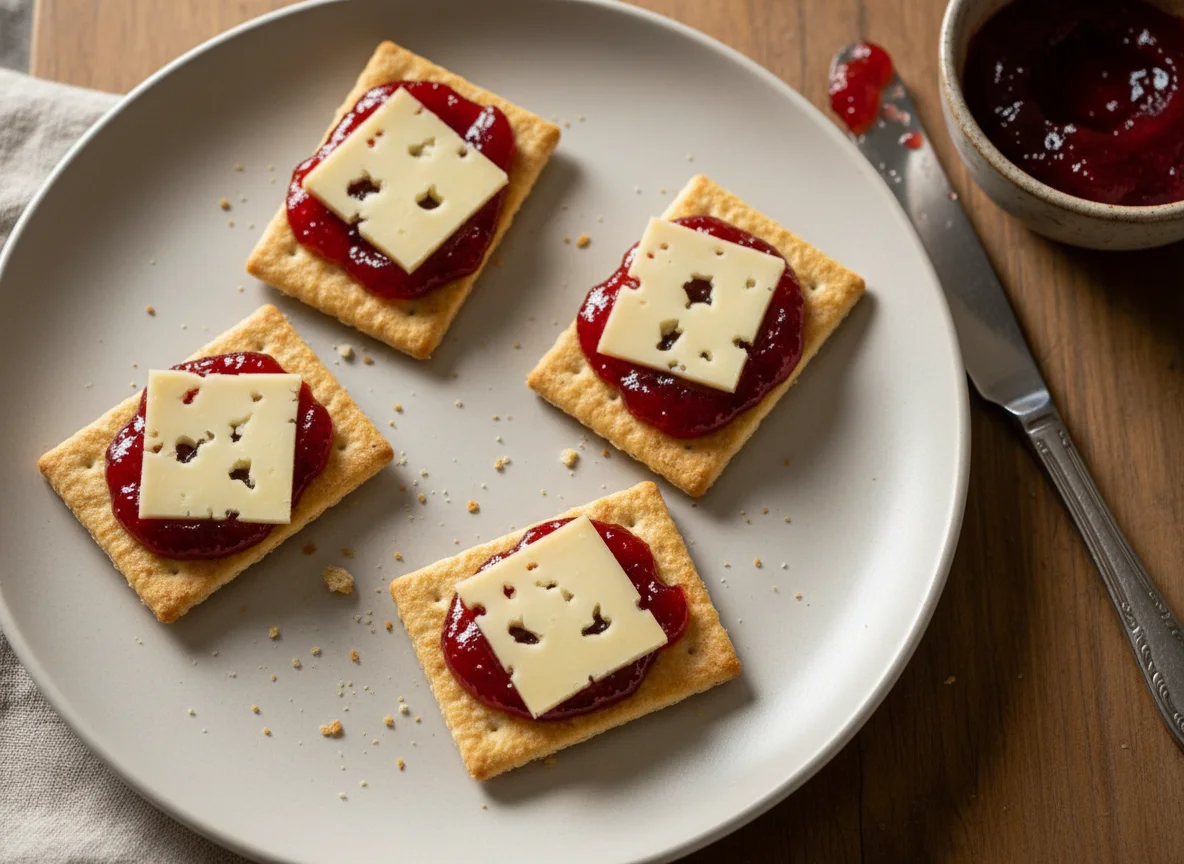 Biscoitos cream cracker com geleia e queijo photo
