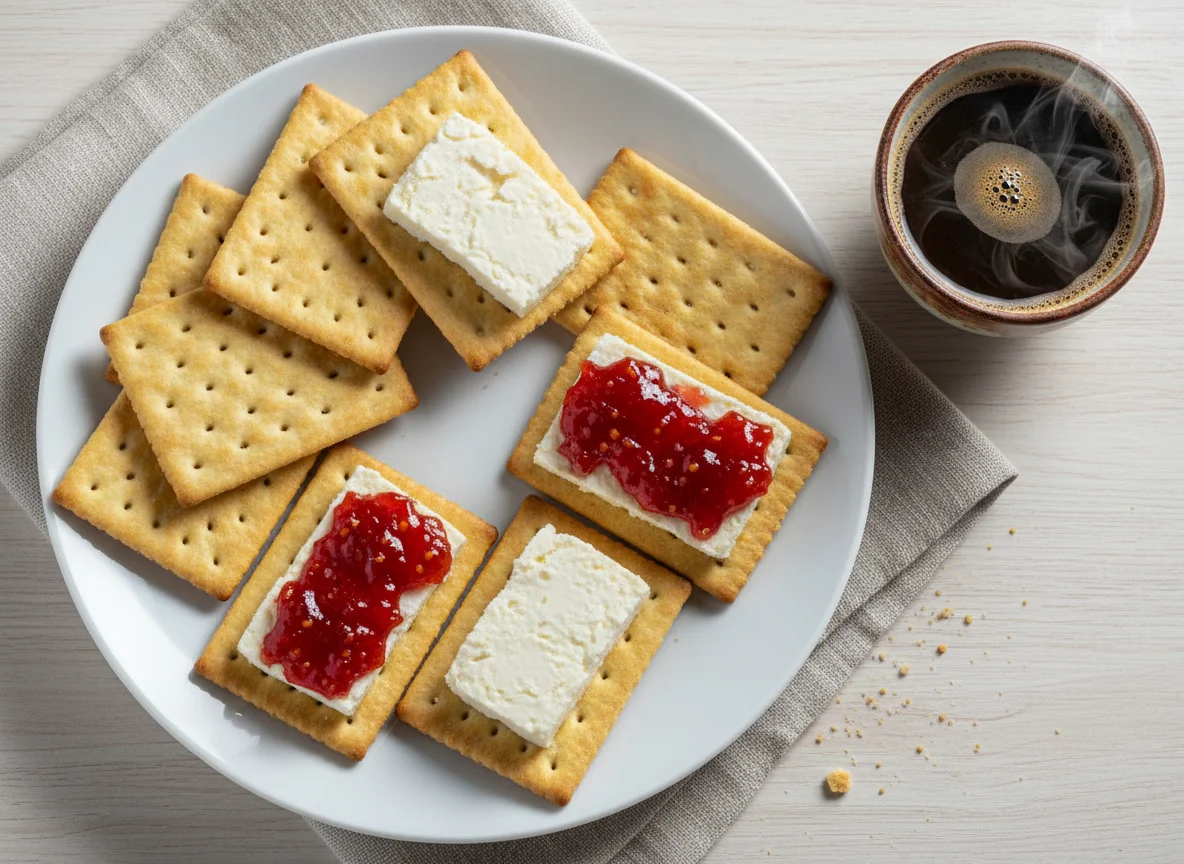 Biscoitos cream cracker com geleia e queijo minas photo
