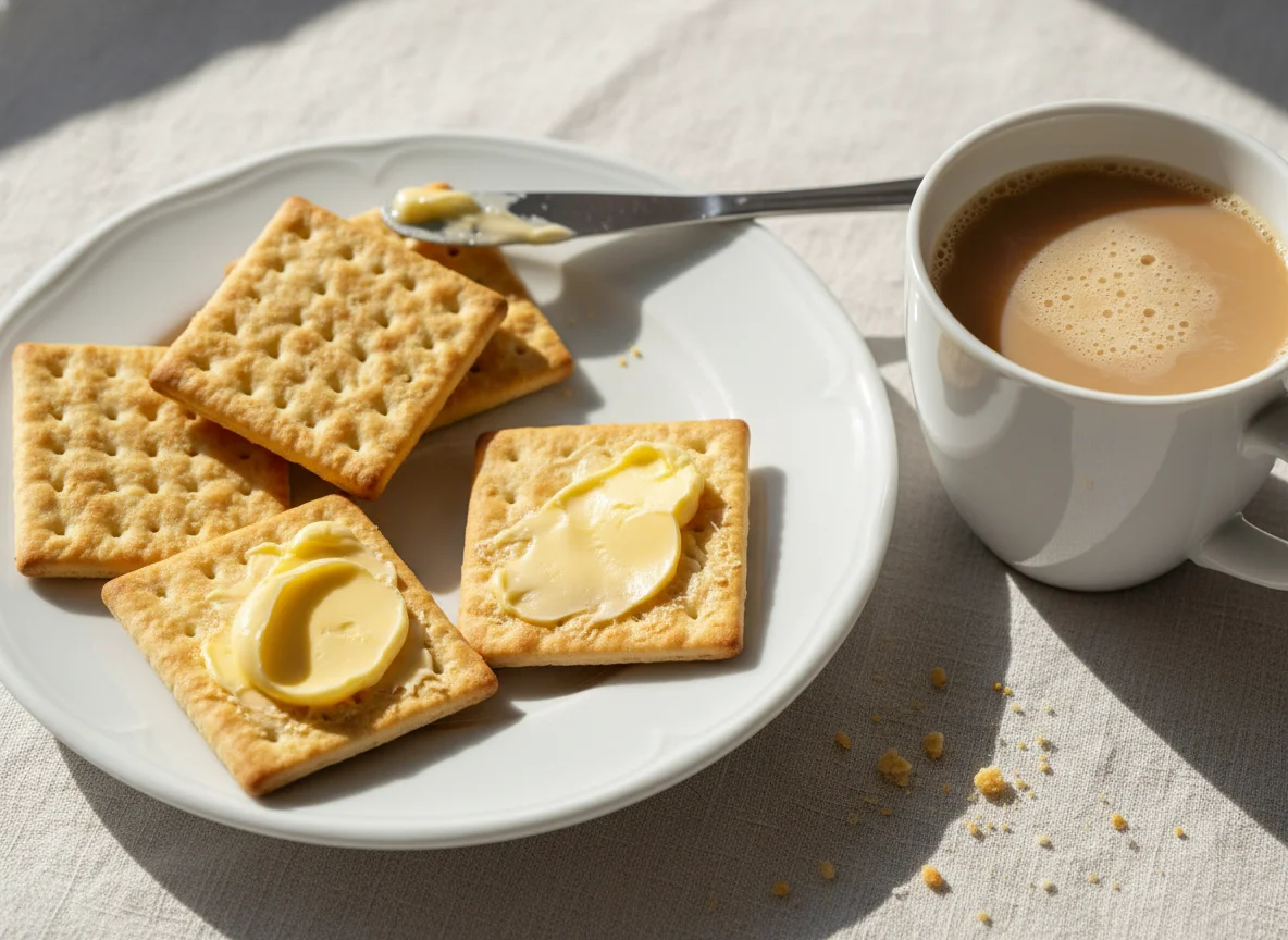 Biscoitos Cream Cracker com Manteiga e Café com Leite photo