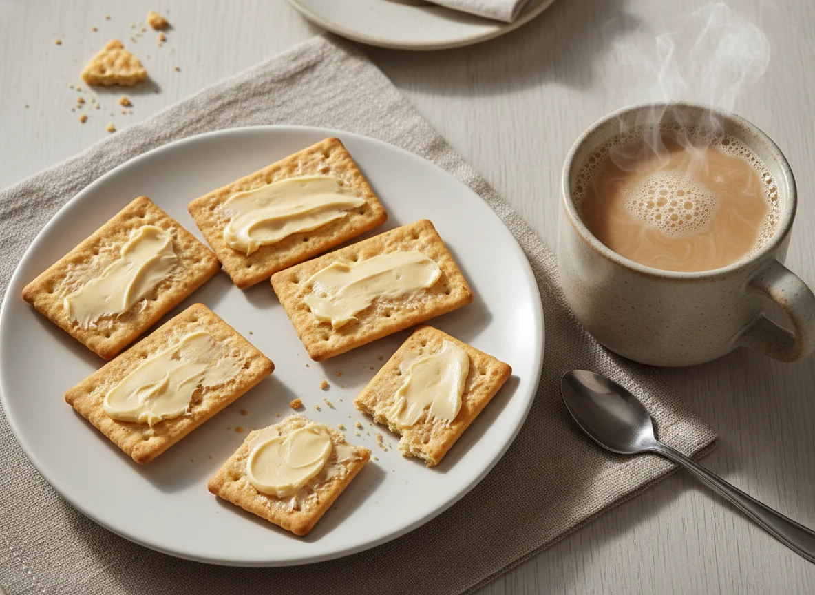 Biscoitos Cream Cracker com Margarina e Café com Leite photo