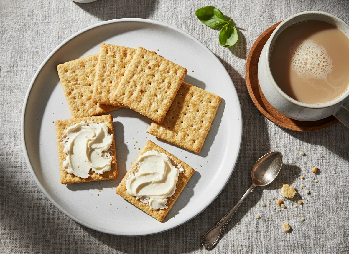 Biscoitos cream cracker com requeijão e café com leite photo
