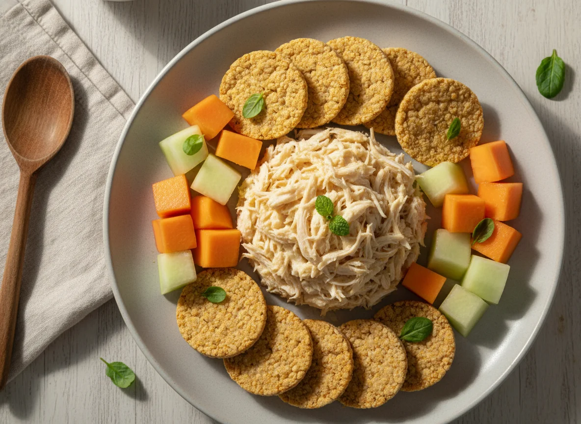 Biscoitos de arroz com frango desfiado e frutas photo