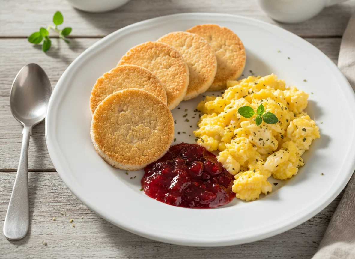 Biscoitos de arroz com ovos mexidos e geleia photo