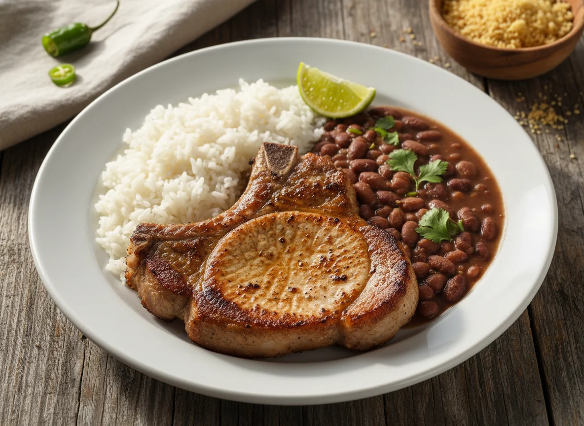 Bisteca de Porco com Arroz e Feijão photo