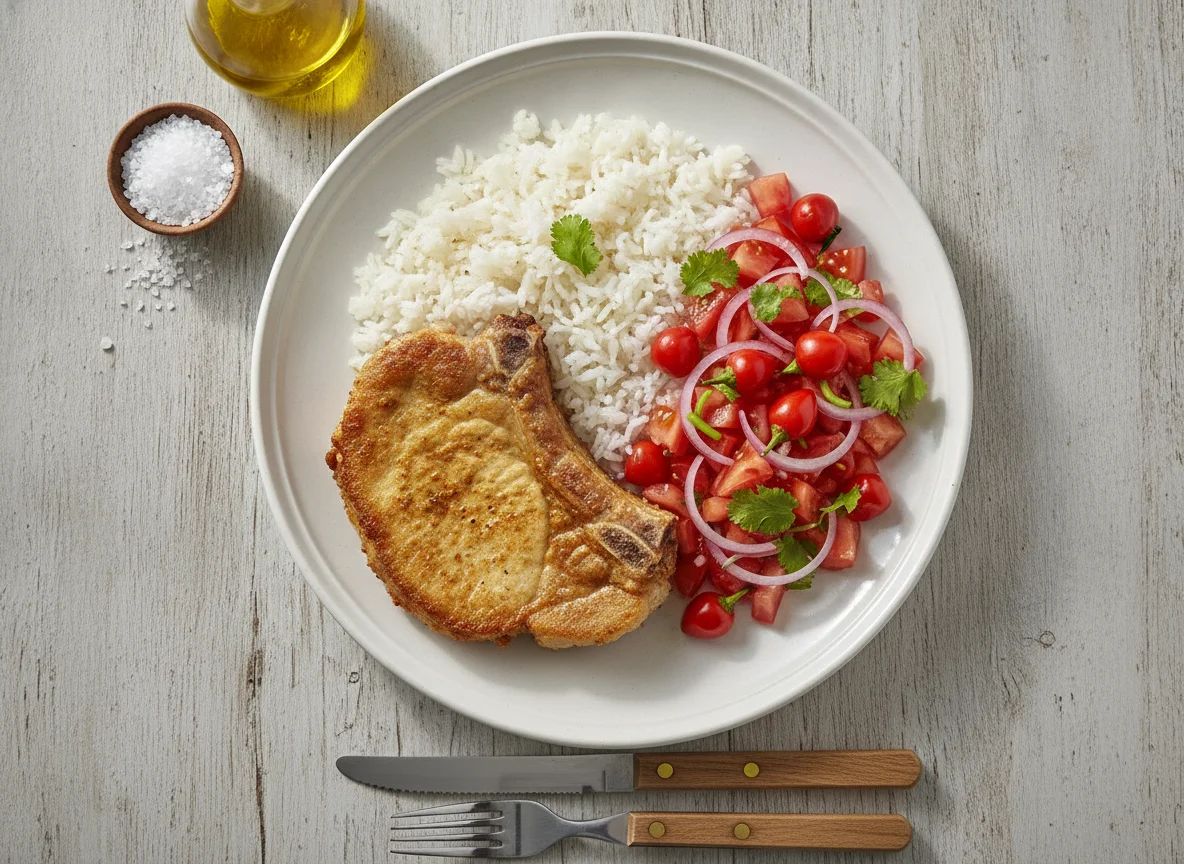 Bisteca de porco com arroz e salada photo