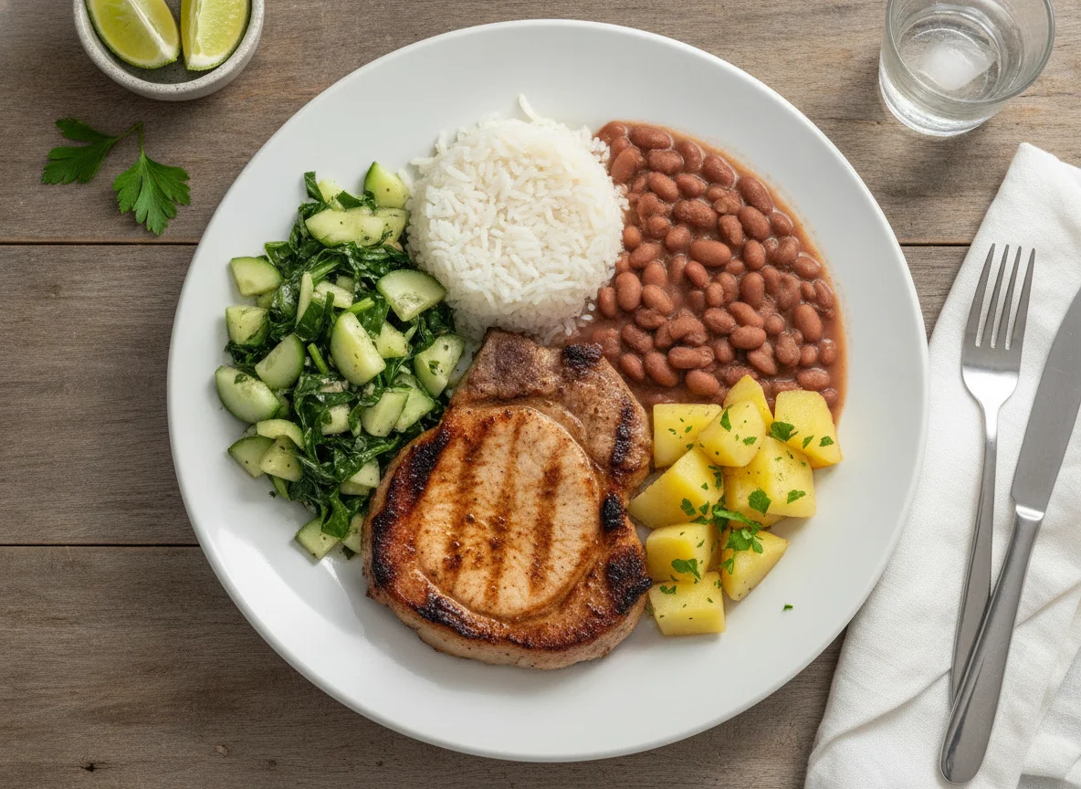 Bisteca de porco com arroz, feijão, batatas e salada photo