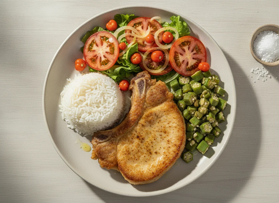 Bisteca de porco com arroz, quiabo e salada photo