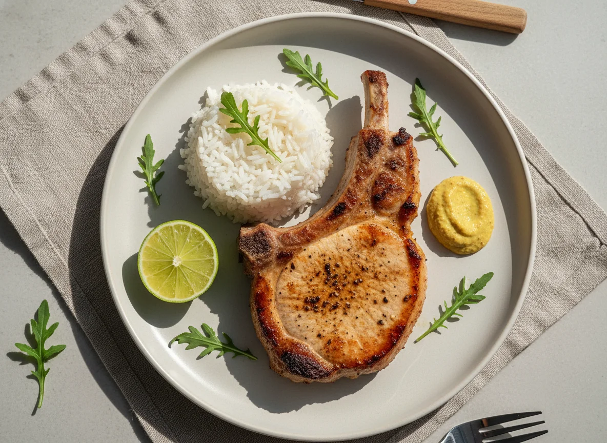 Bisteca de porco com arroz, rúcula e mostarda photo