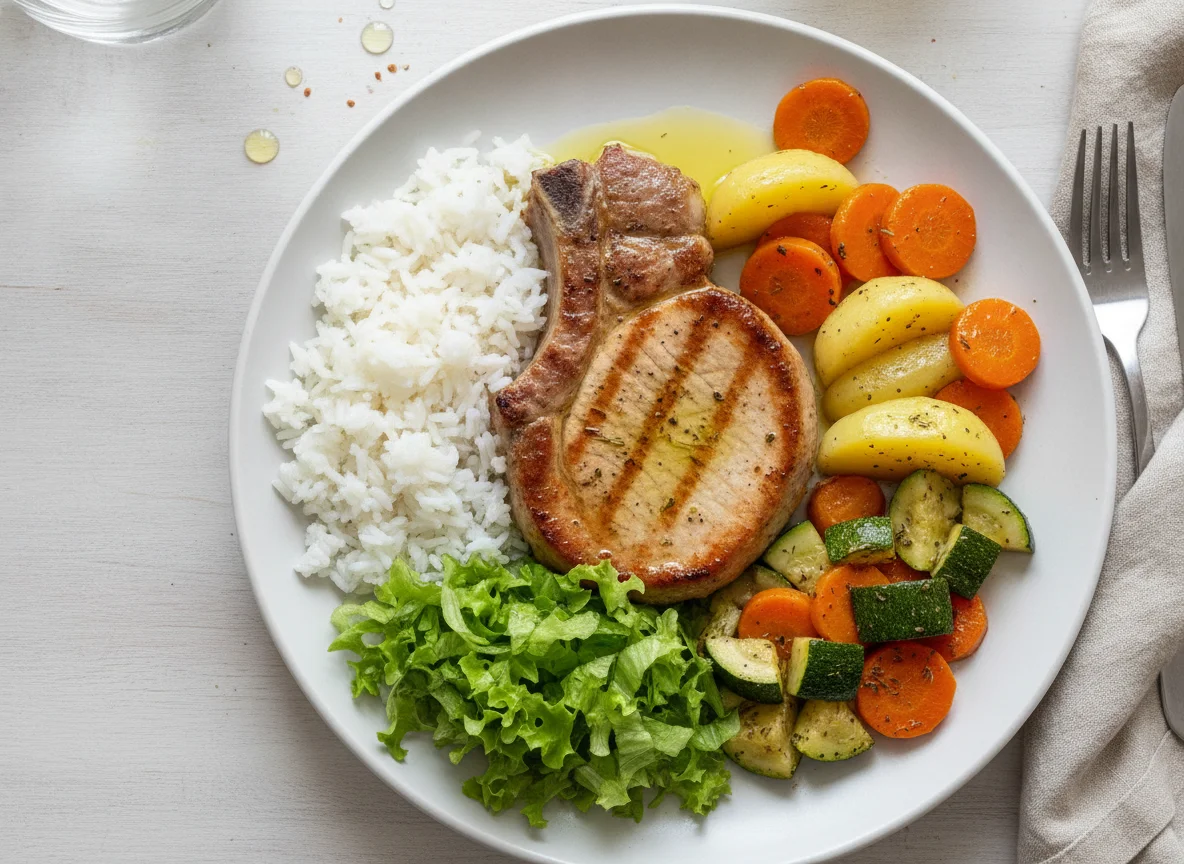 Bisteca de porco com arroz, salada e legumes photo