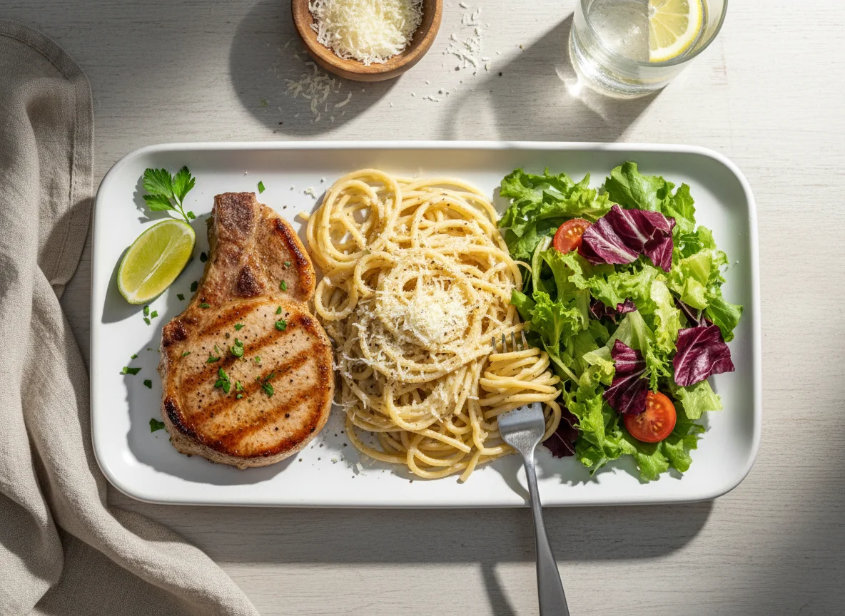 Bisteca de porco com espaguete e salada photo