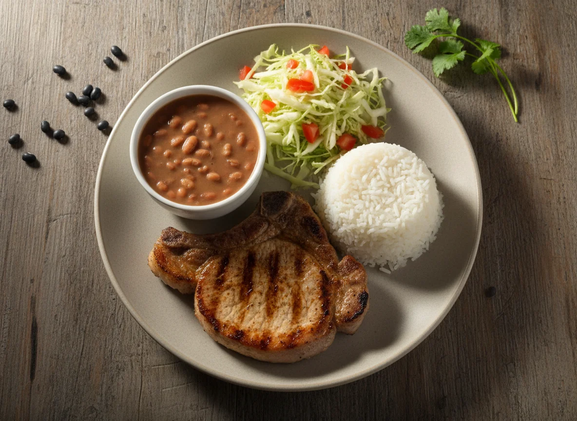 Bisteca de porco com feijão, arroz e salada photo
