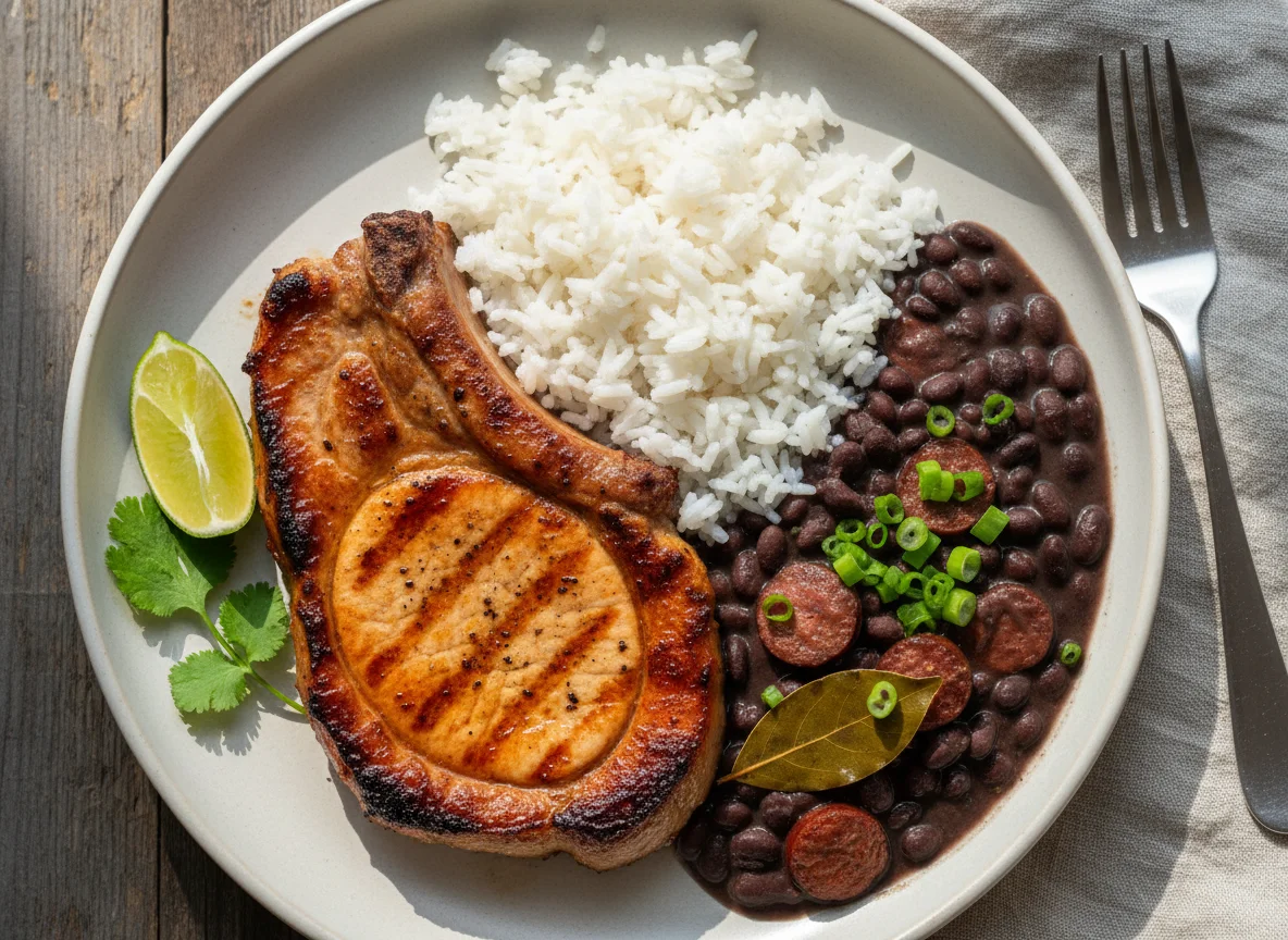 Bisteca de porco com feijão e arroz photo