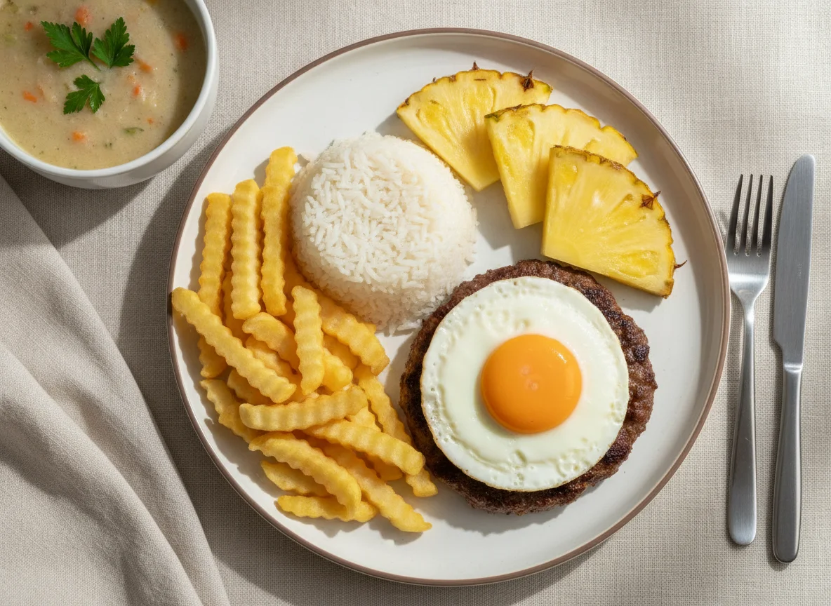 Bitoque com arroz, batatas fritas, sopa e abacaxi photo