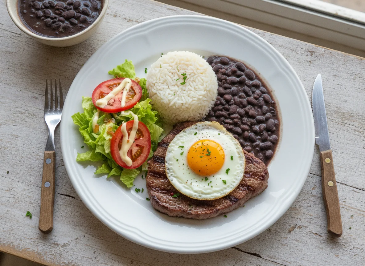 Bitoque com Arroz e Feijão Preto photo