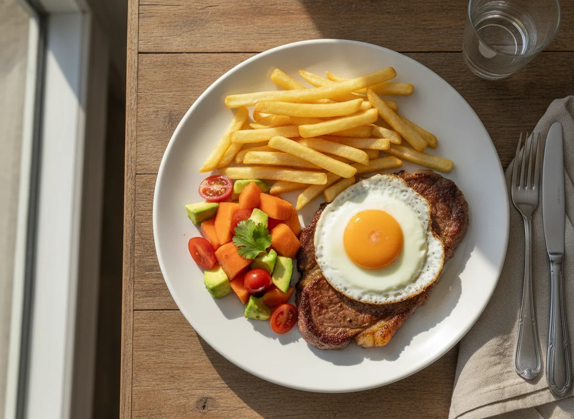 Bitoque com Batatas Fritas e Salada de Fruta photo