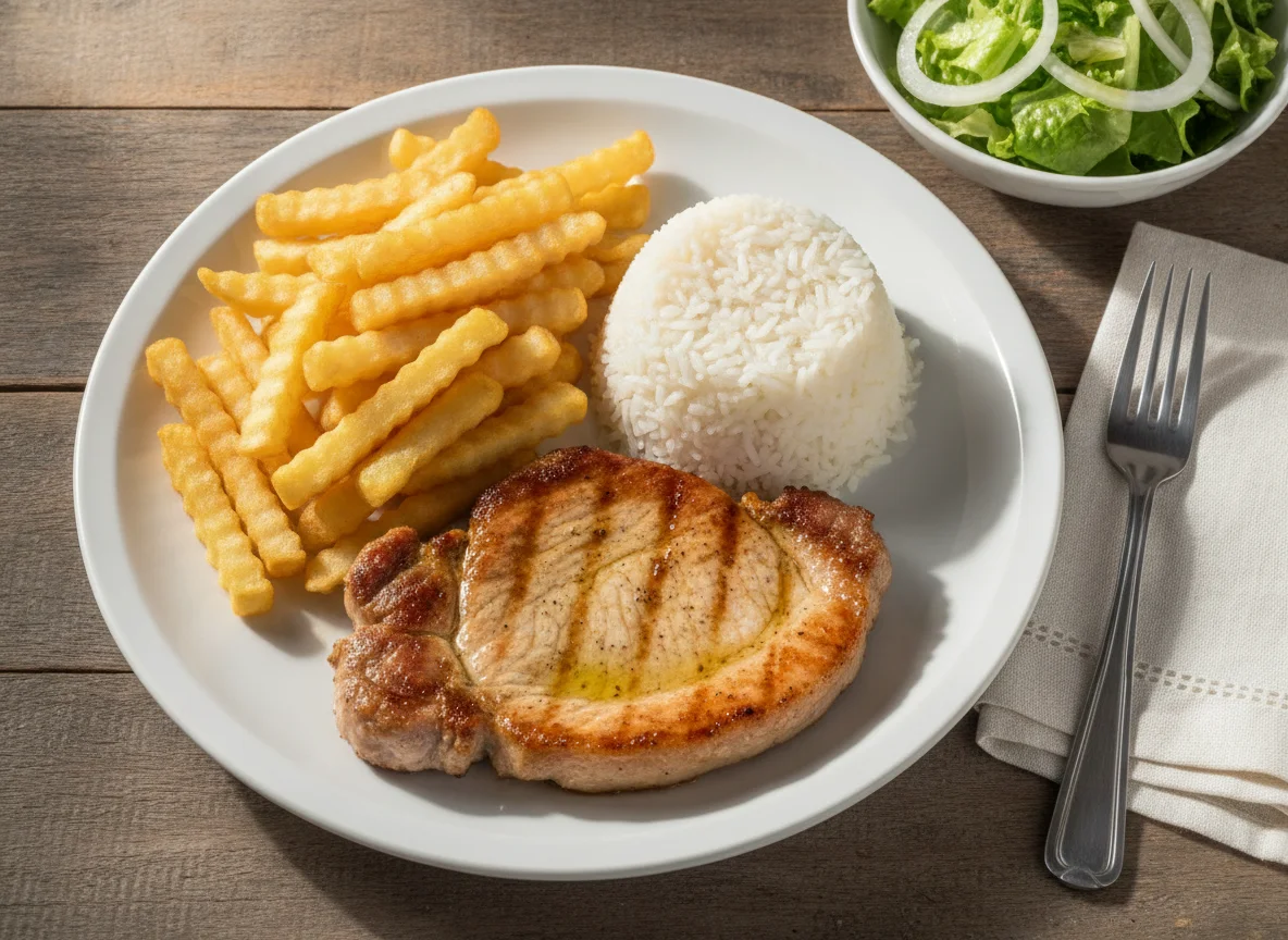Bitoque de porco com arroz, batata frita e salada photo