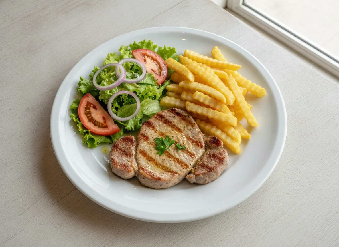 Bitoque de Porco com Batata Frita e Salada photo