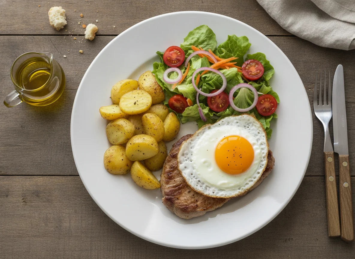 Bitoque de Porco com Salada e Batatas photo