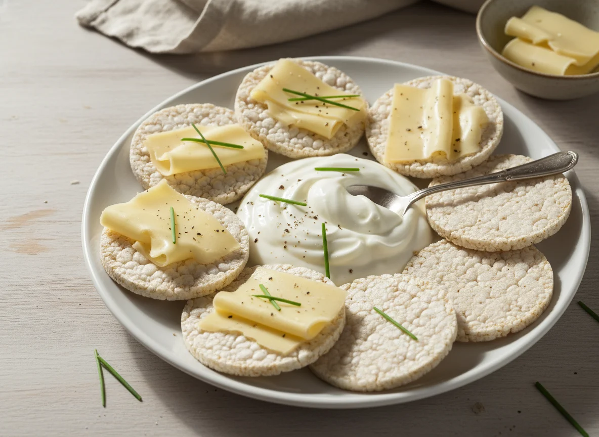 Bolachas de arroz com queijo e iogurte photo