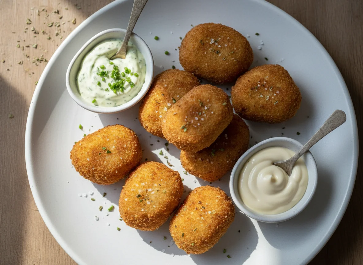 Bolinhos fritos com molho verde photo