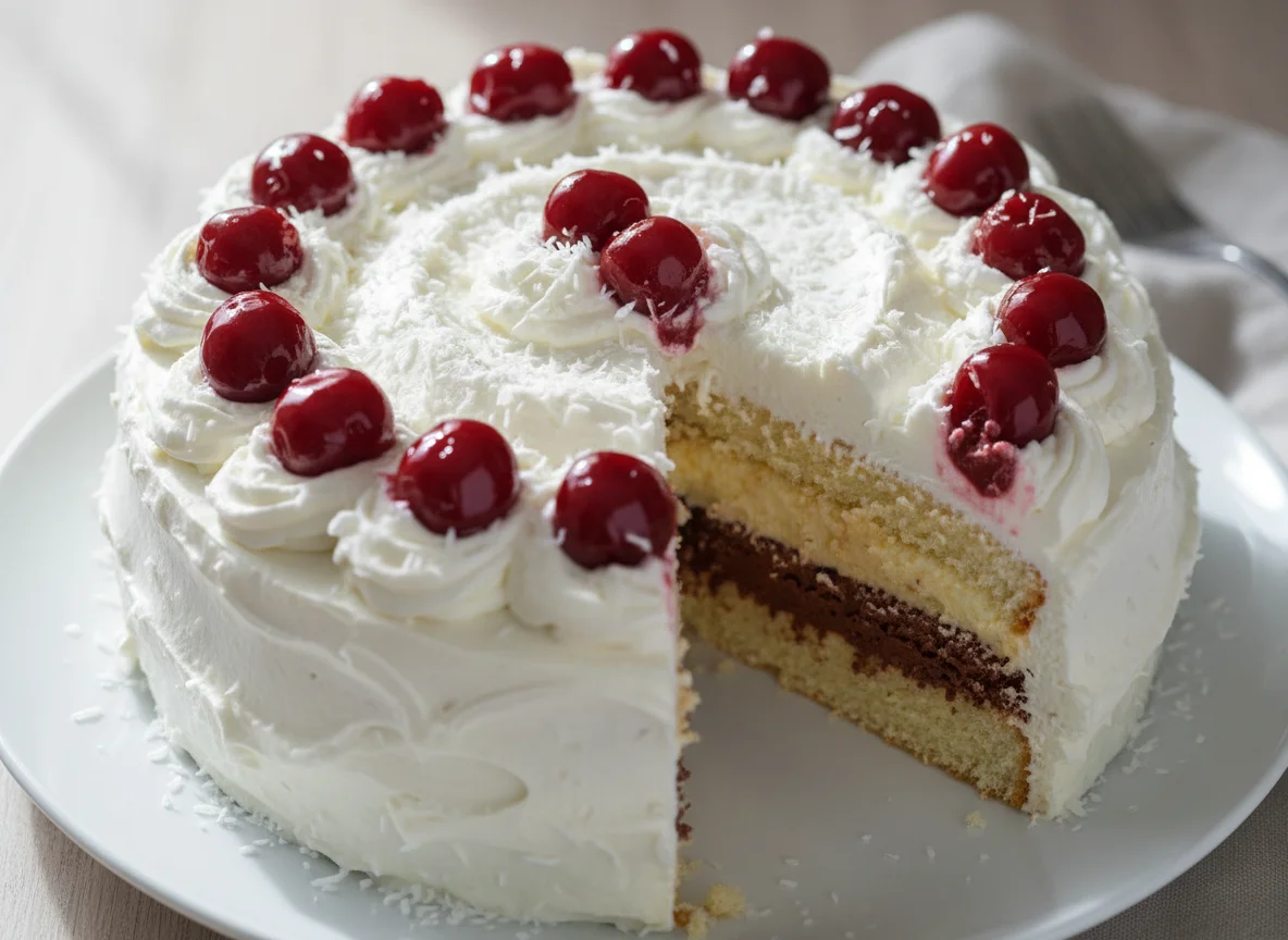 Bolo com chantilly e cerejas photo