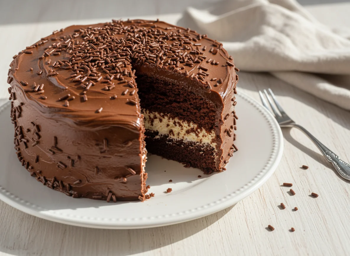 Bolo com cobertura de chocolate e granulado photo