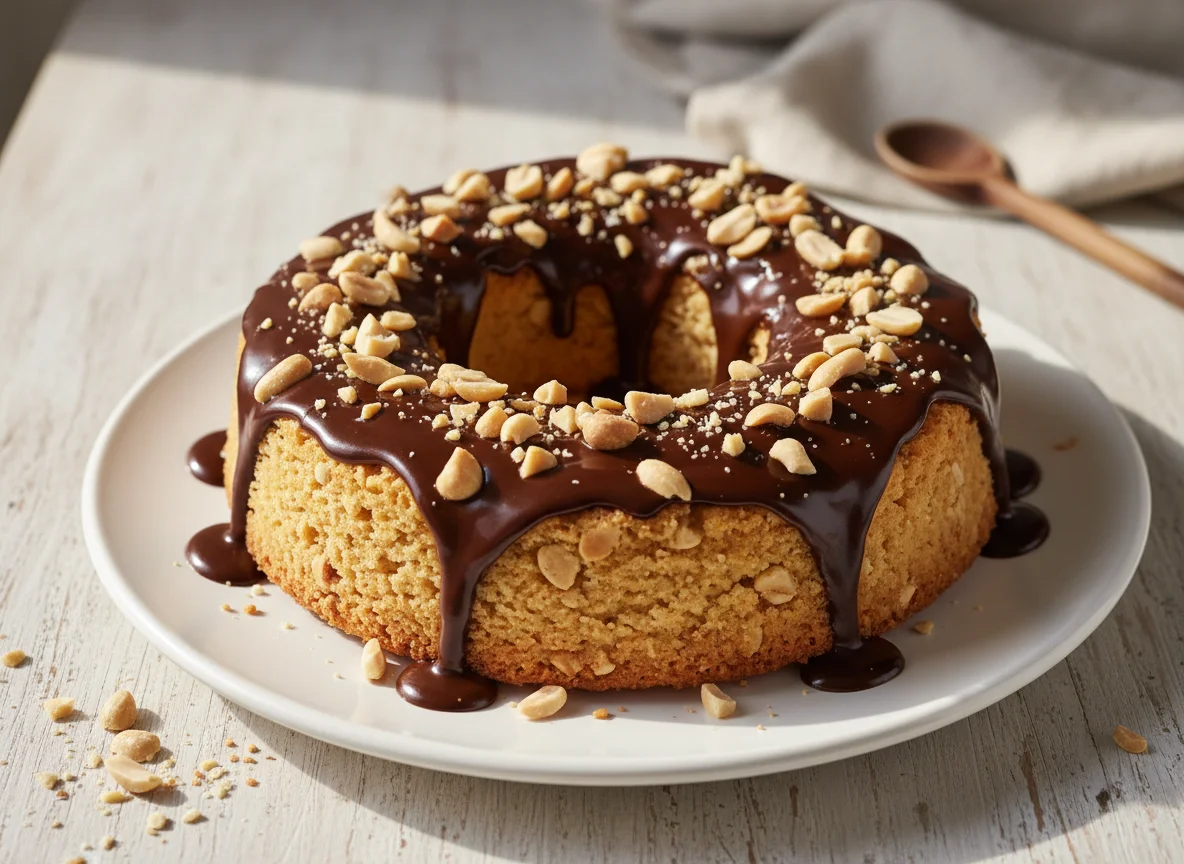 Bolo de amendoim com cobertura de chocolate photo