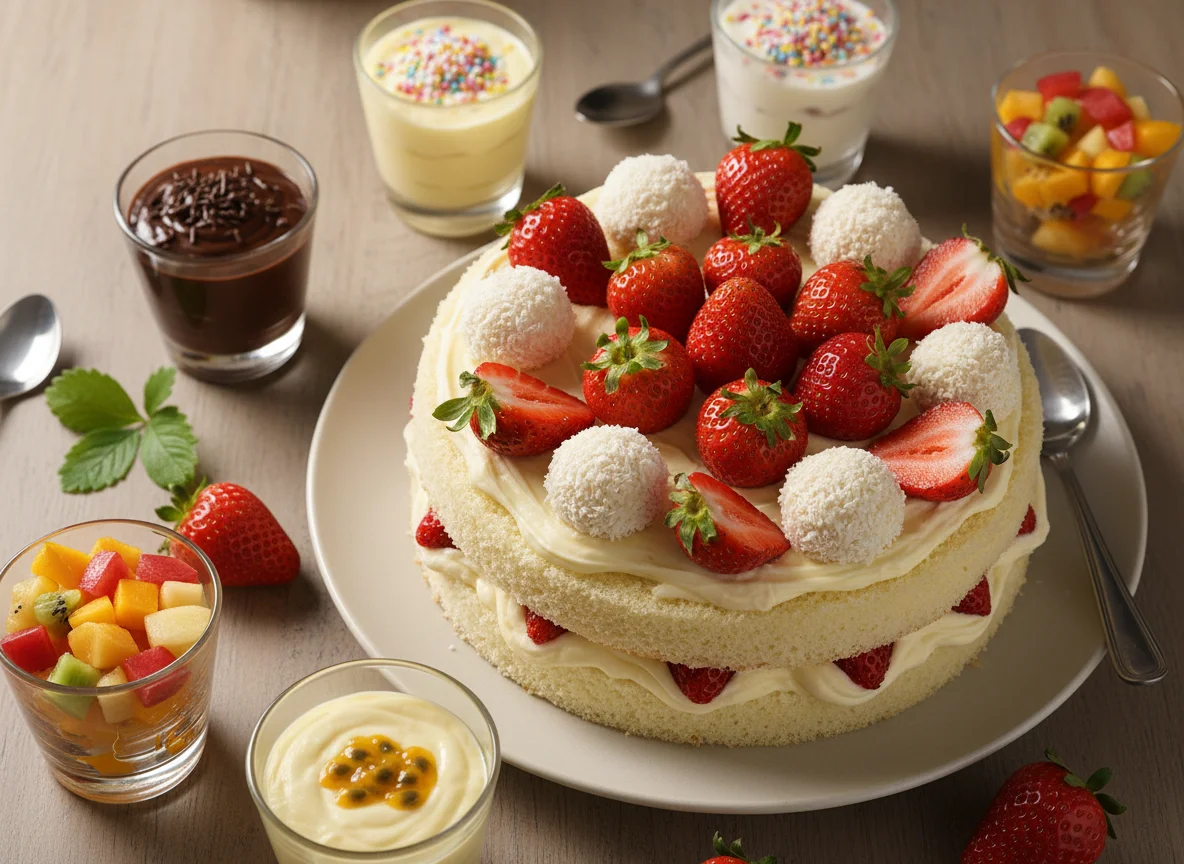 Bolo de aniversário com morangos e beijinhos photo