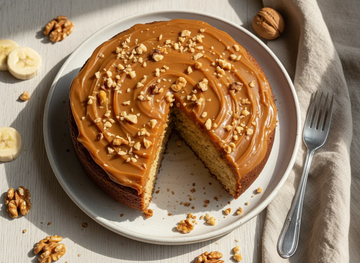 Bolo de banana com cobertura de doce de leite e nozes photo