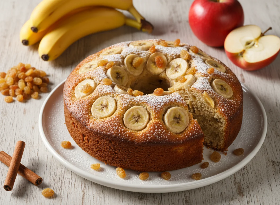 Bolo de banana, maçã e uva passa photo