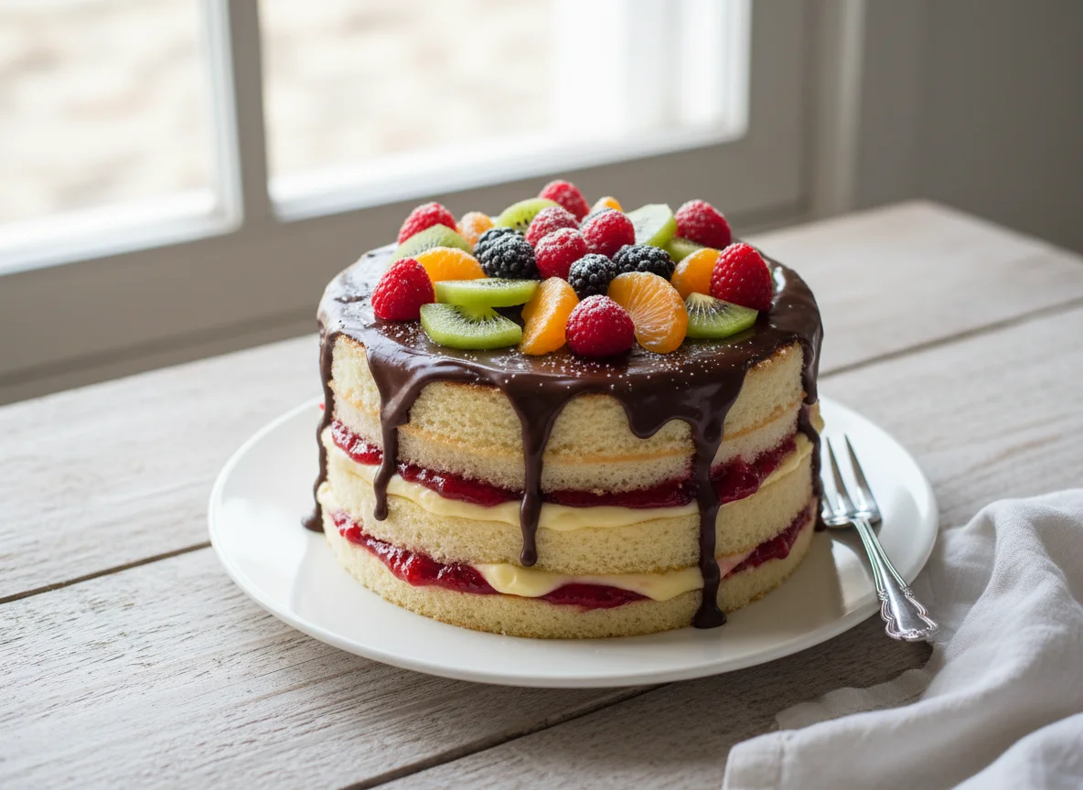Bolo de camadas com recheio de frutas e creme photo