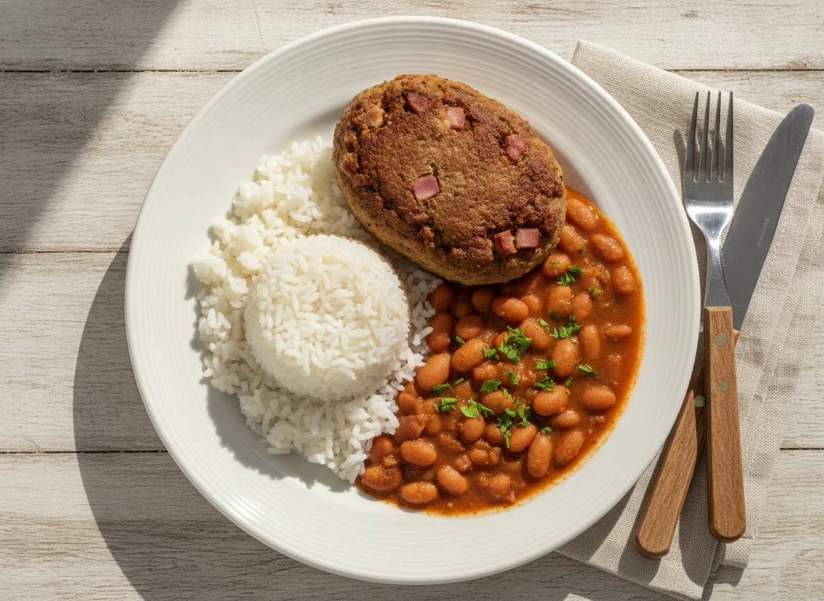 Bolo de carne com arroz e feijão photo