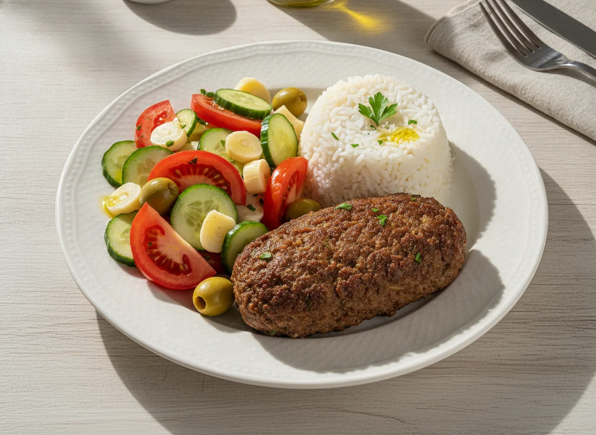 Bolo de carne com arroz e salada photo