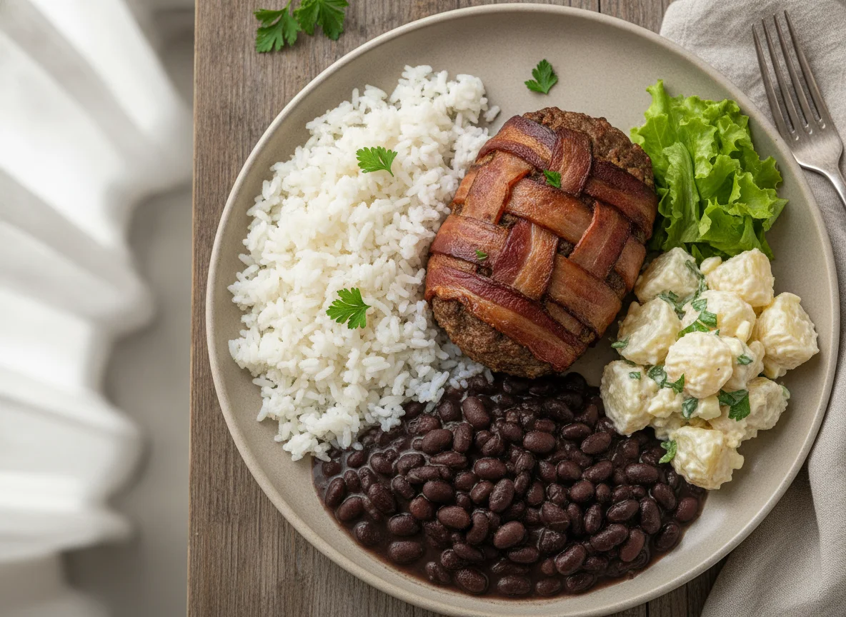 Bolo de carne com bacon, arroz, feijão e salada de batata photo