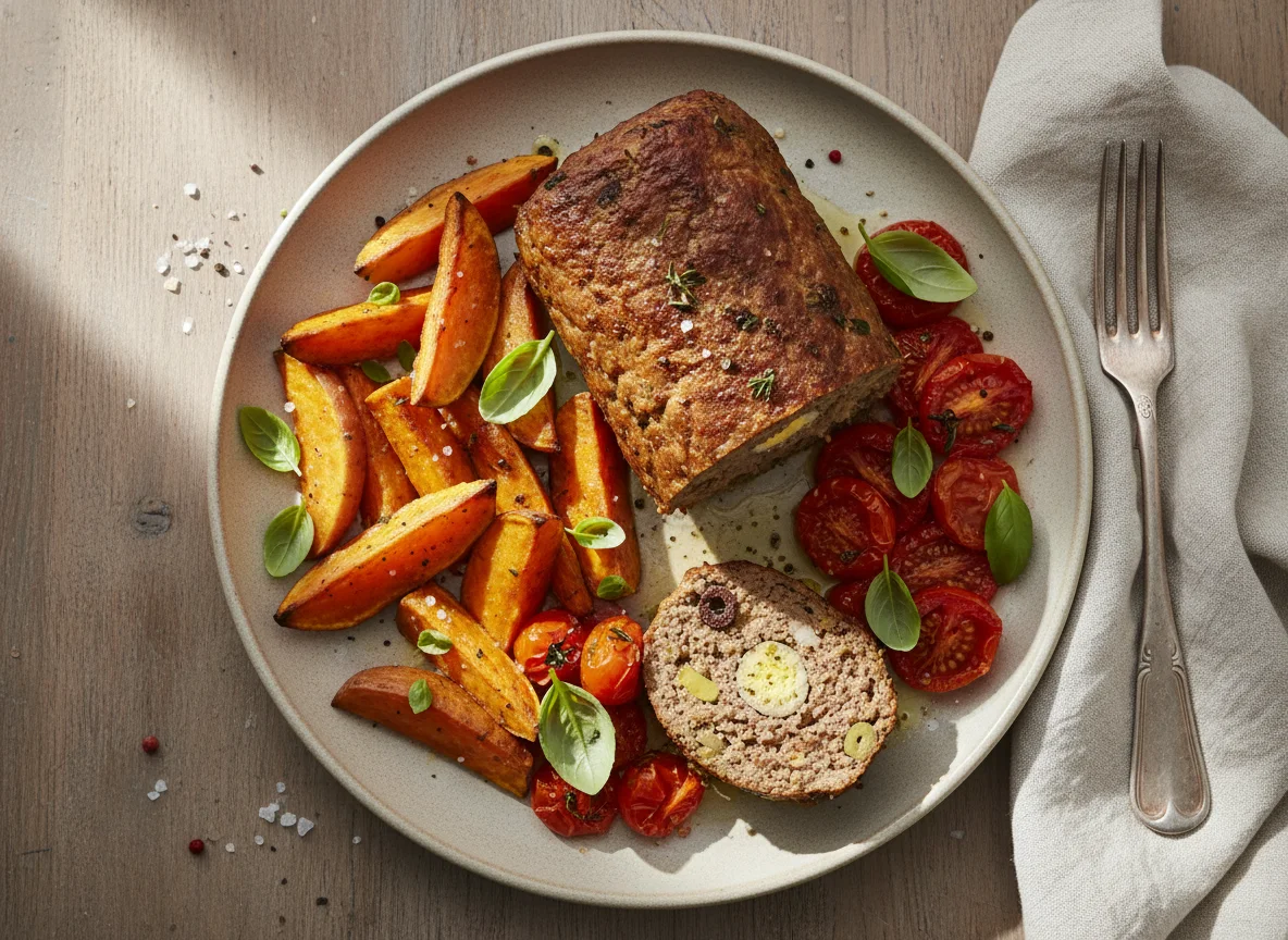 Bolo de carne com batata doce e tomate photo