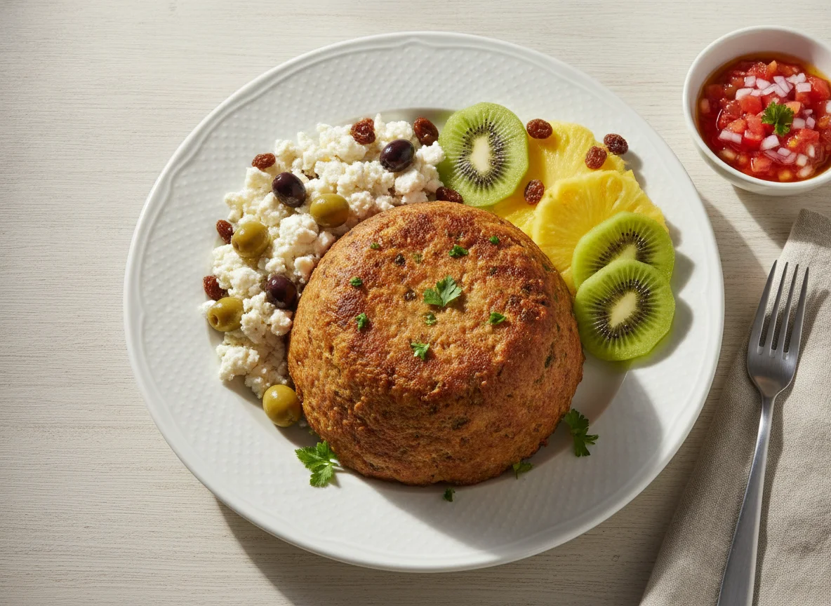 Bolo de carne com salada de queijo e frutas photo