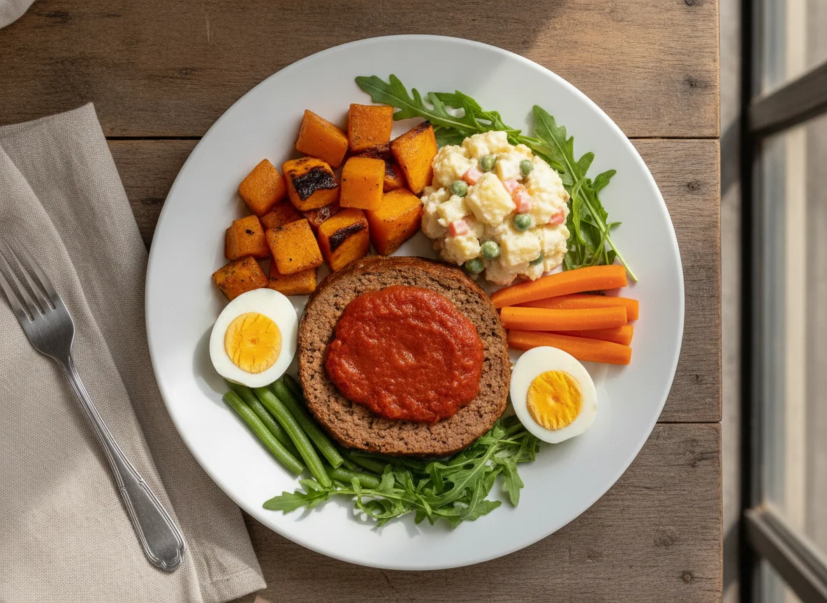 Bolo de carne com salada e legumes photo