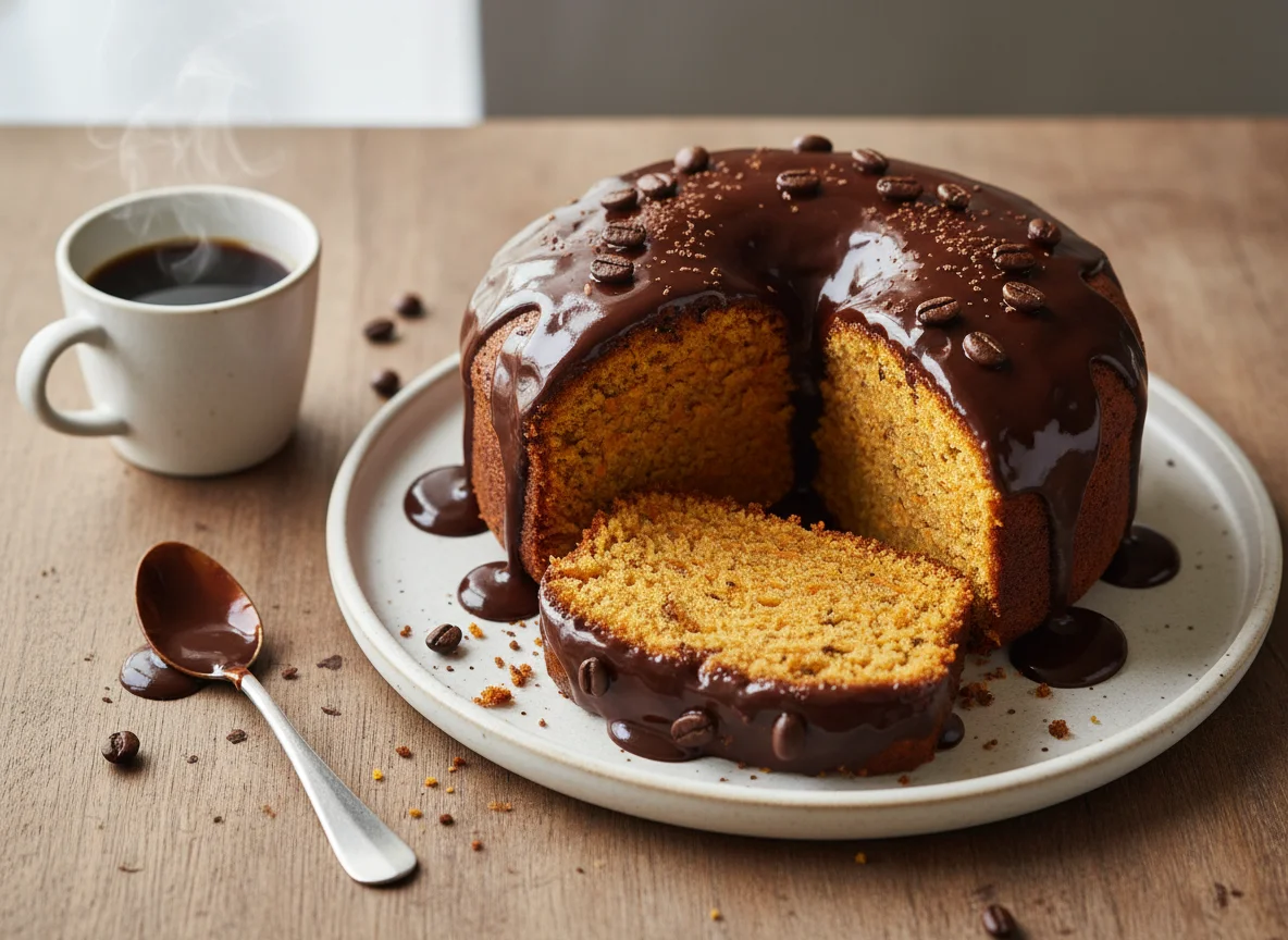Bolo de cenoura com cobertura de chocolate e café photo
