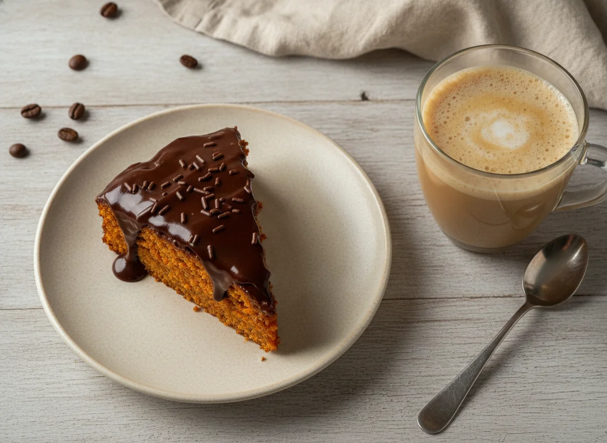 Bolo de cenoura com cobertura de chocolate e café com leite photo